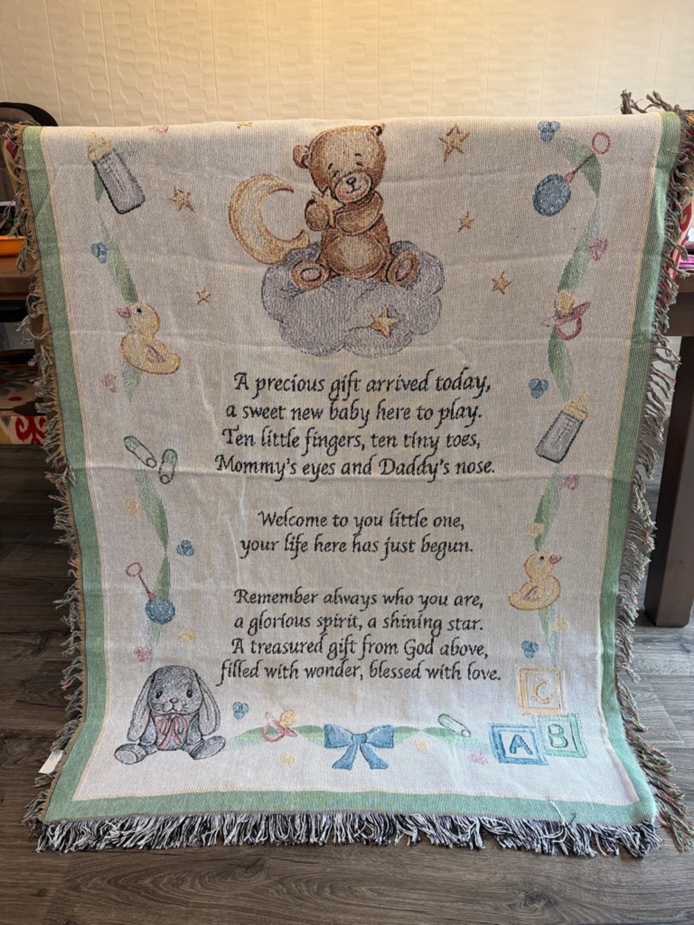 Baby Keepsake Throw Blanket with Teddy Poem - Cream and Pastel